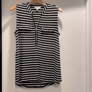 Calvin Klein dark blue and off white sleeveless blouse, size M, gold accents